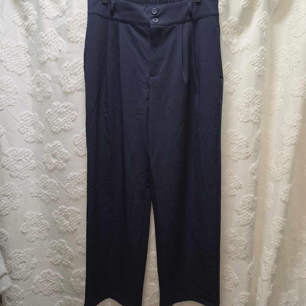 Halara Navy Blue High Waisted Wide Leg Pleated Trousers Elastic Back Pants Large